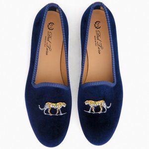 Del Toro Navy Cheetah Velvet Slippers